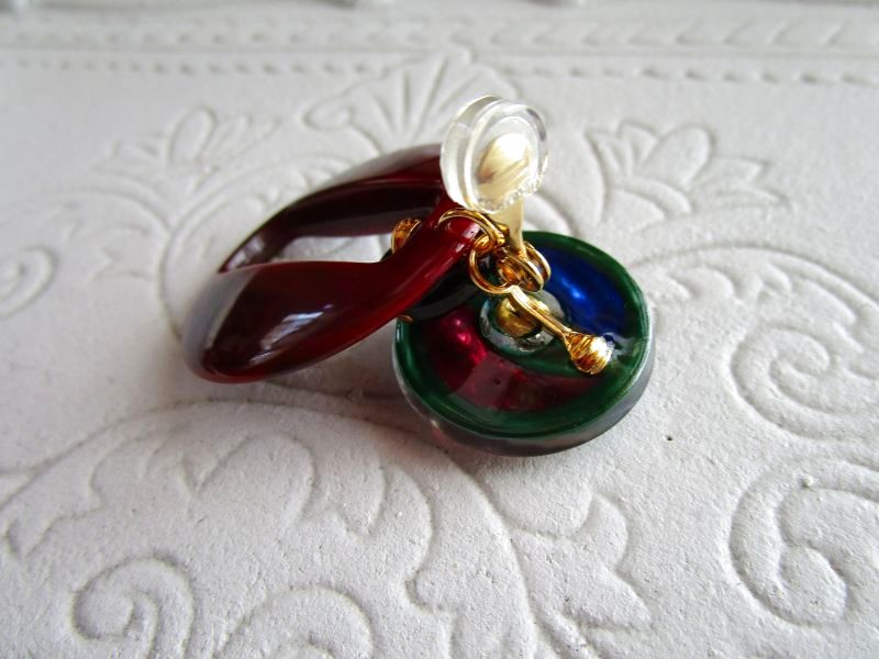画像3: フェザー(金、緑・青・赤紫、ラインストーン)のイヤリング